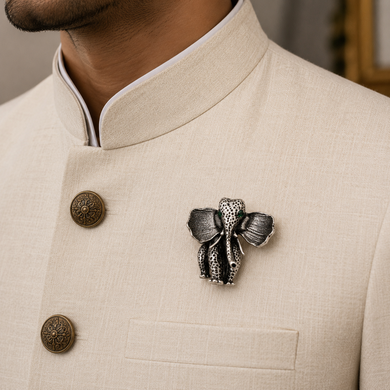The Gajraj Oxidised Silver Elephant Brooch - Model