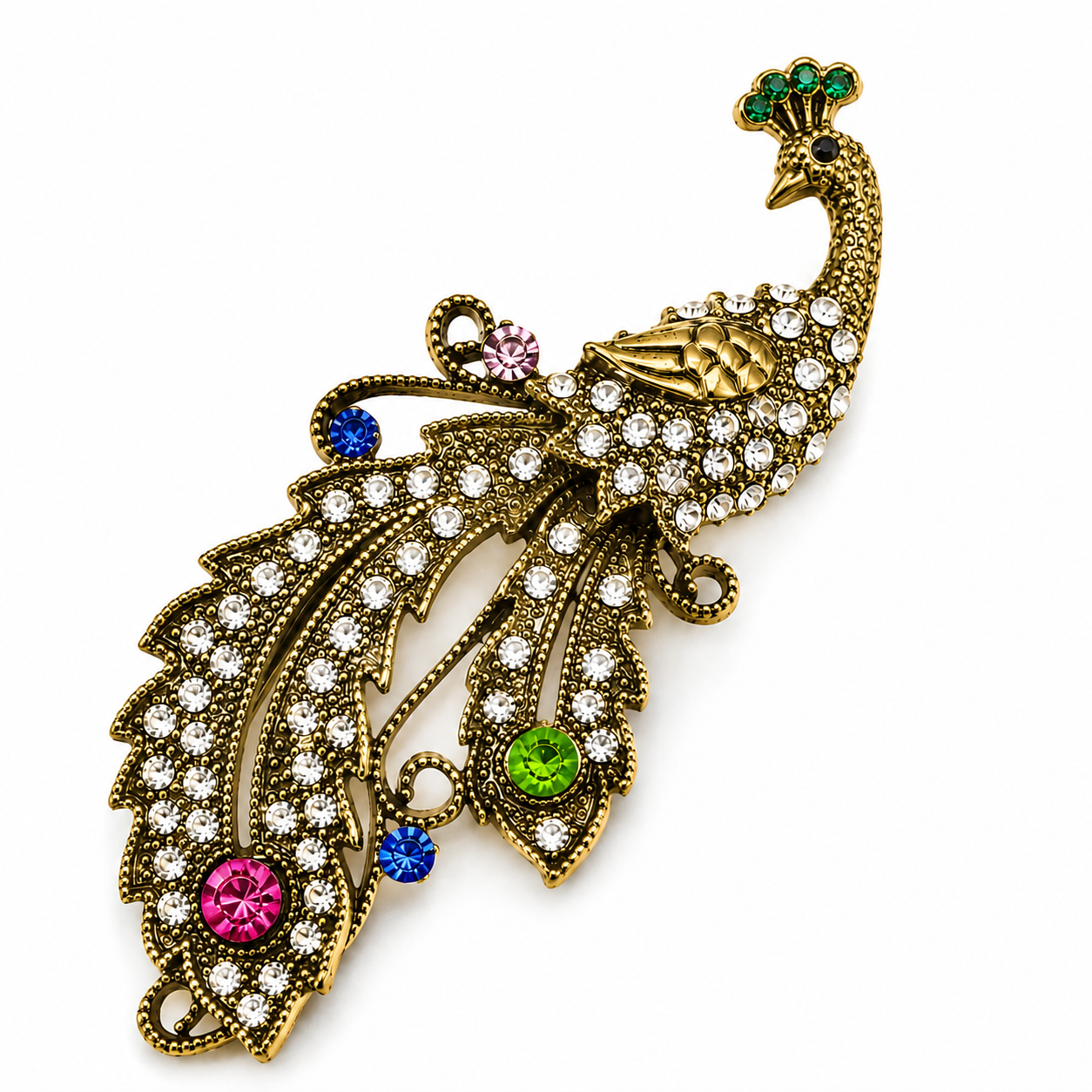 The Mor Pankh Peacock Crystal Brooch - Flat Lay