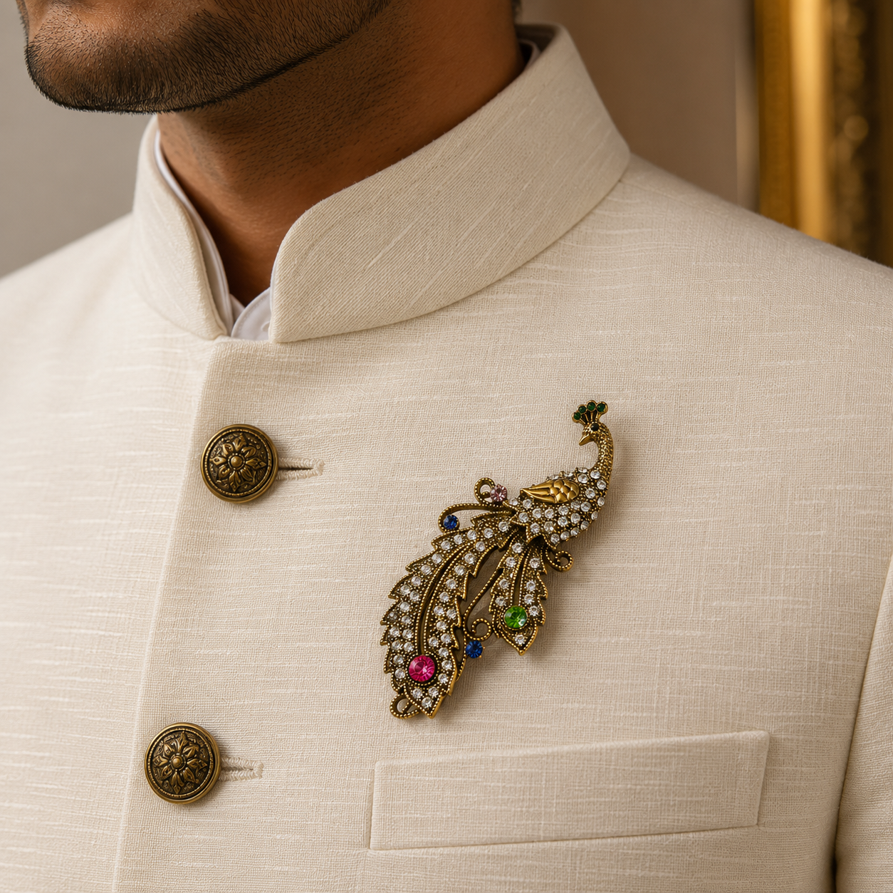 The Mor Pankh Peacock Crystal Brooch - Model