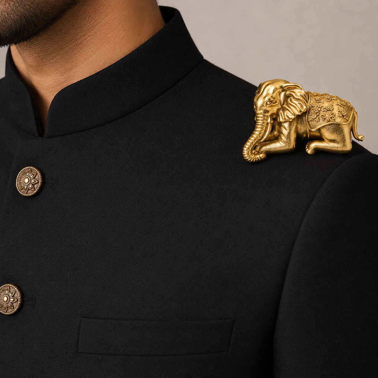 The Airavata Royal Elephant Antique Gold Shoulder Brooch - Model