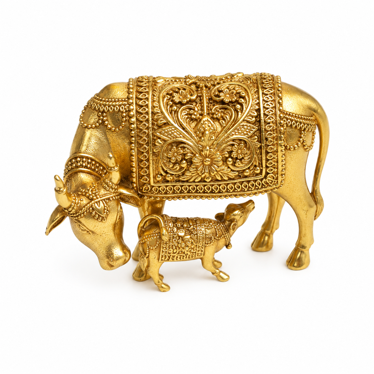 The Kamdhenu Sacred Cow & Calf Antique Gold Brooch - Flat Lay