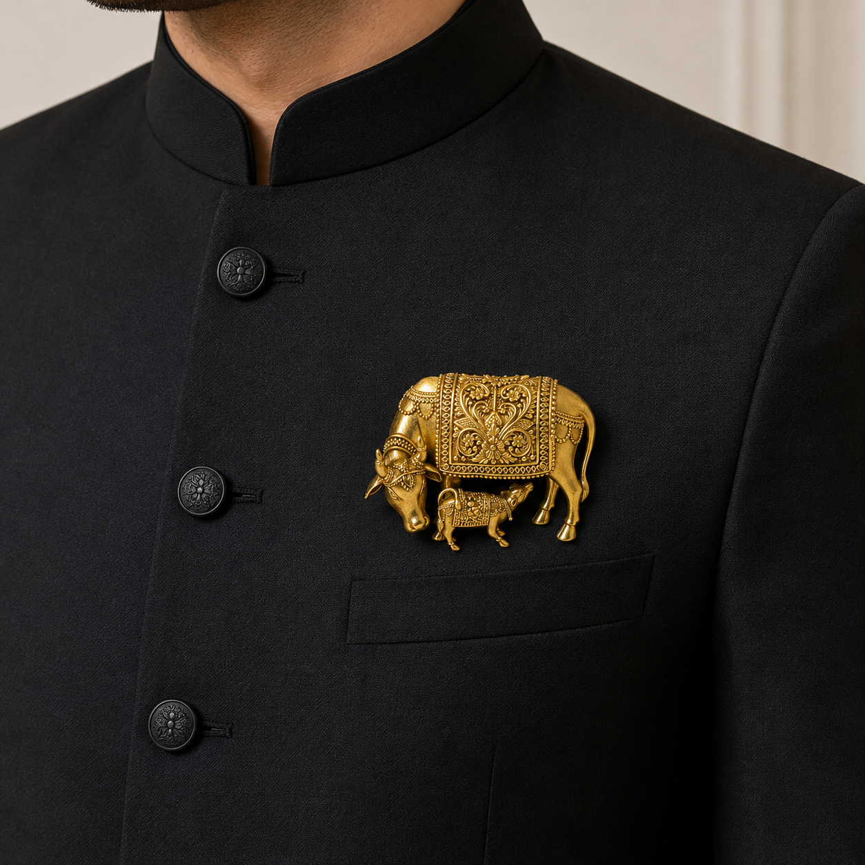 The Kamdhenu Sacred Cow & Calf Antique Gold Brooch - Model