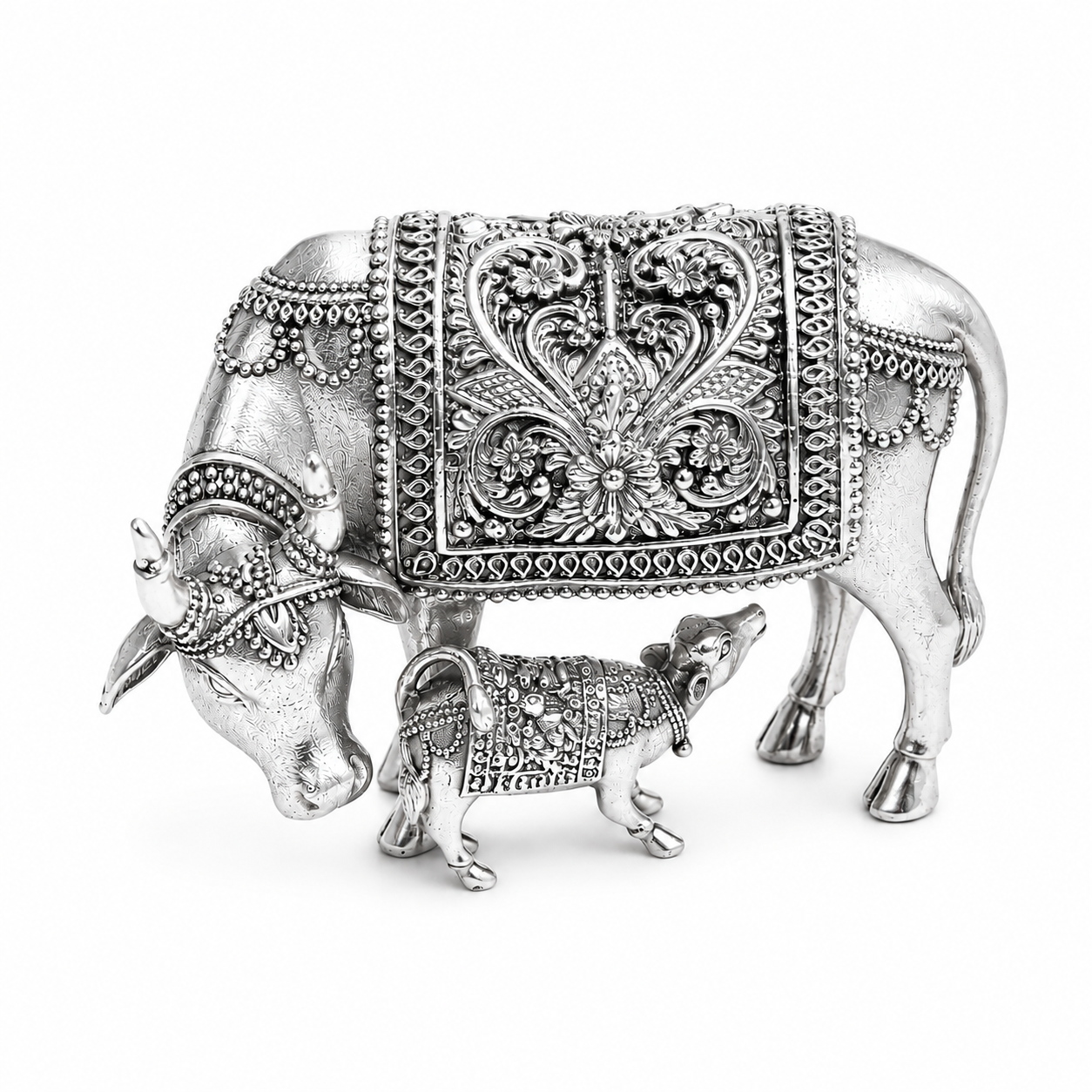 The Kamdhenu Sacred Cow & Calf Antique Silver Brooch - Flat Lay