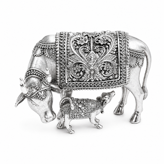 The Kamdhenu Sacred Cow & Calf Antique Silver Brooch - Flat Lay