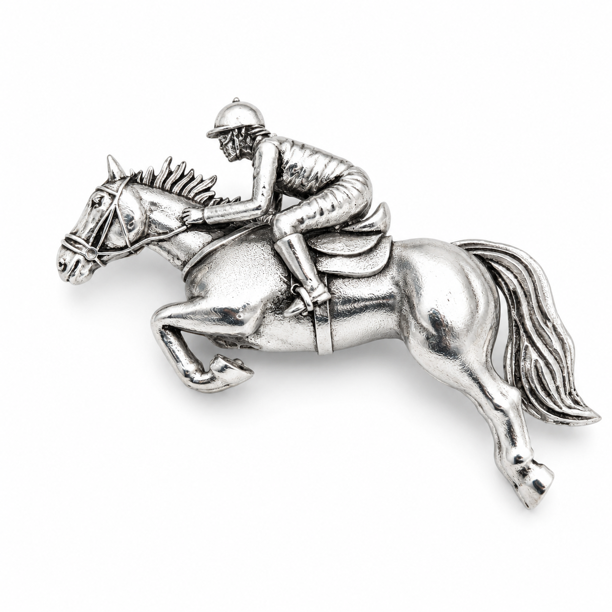 The Ascot Champion Equestrian Rider Antique Silver Brooch - Flat Lay