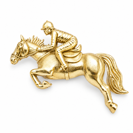 The Ascot Champion Equestrian Rider Antique Gold Brooch - Flat Lay