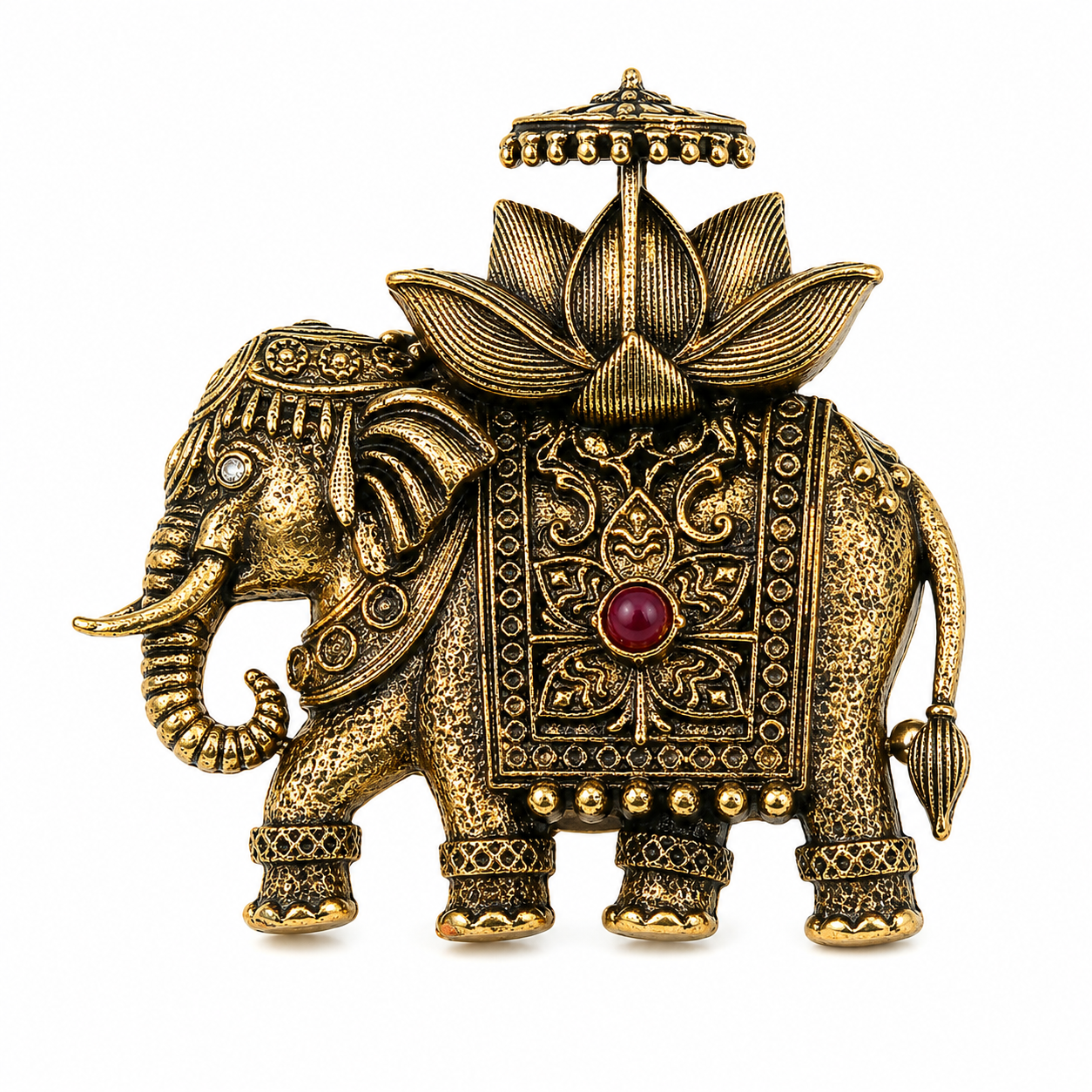 The Gajraj Lotus Chatra Royal Elephant Antique Gold Brooch - Flat Lay