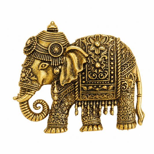 The Maharaja's Caparisoned Elephant Antique Gold Brooch - Flat Lay