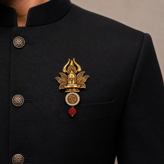 The Mahadev Shivling Trishul Om Antique Gold Brooch - Model