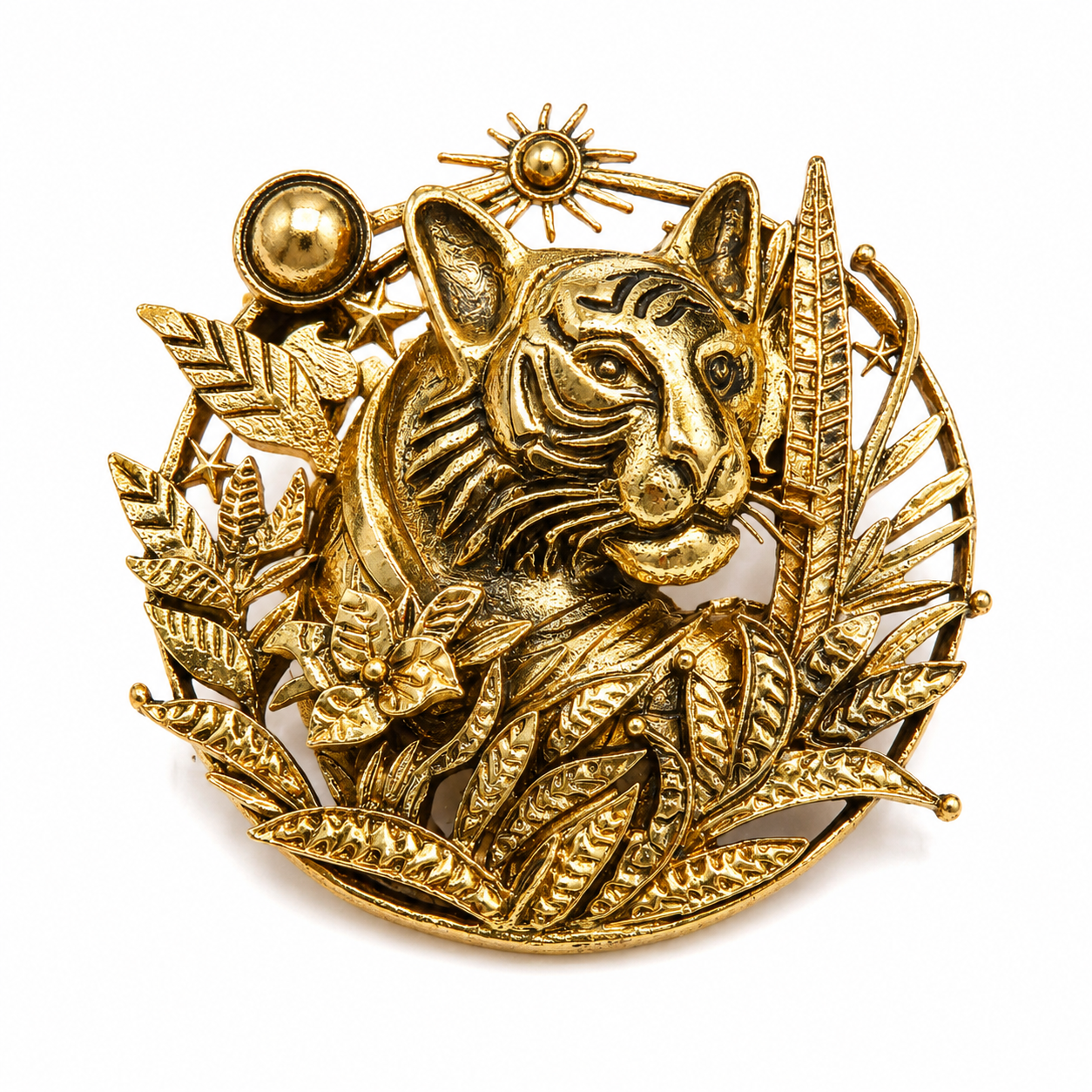The Jungle Sovereign Tiger Antique Gold Brooch - Flat Lay