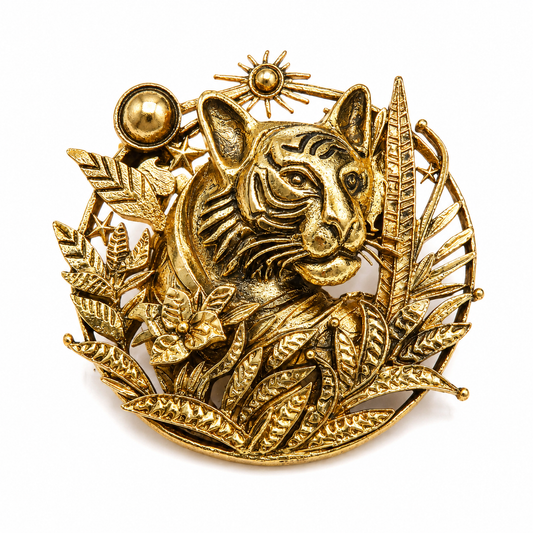 The Jungle Sovereign Tiger Antique Gold Brooch - Flat Lay