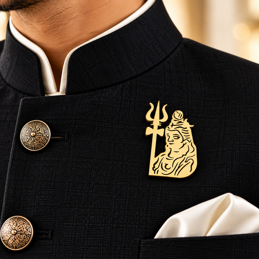 Albetro The Mahadev gold Shiva trishul brooch on black bandhgala jacket