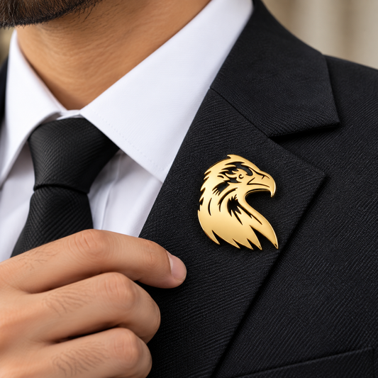 Albetro The Garuda bold gold eagle brooch on black suit lapel