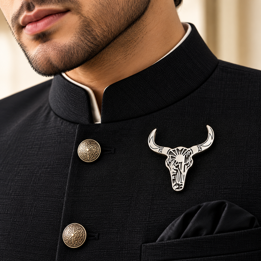 Albetro The Longhorn silver bull skull brooch on black bandhgala jacket