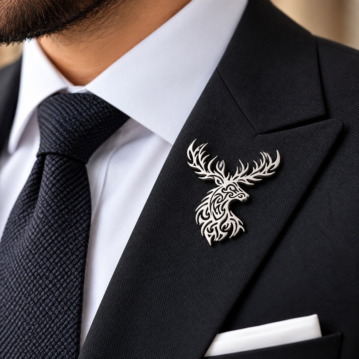 Albetro The Celtic Stag silver deer brooch on black suit lapel