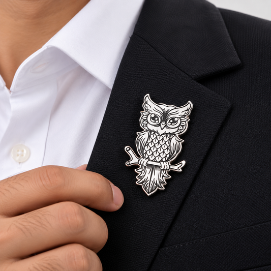 Albetro The Minerva silver and black owl brooch on black suit lapel