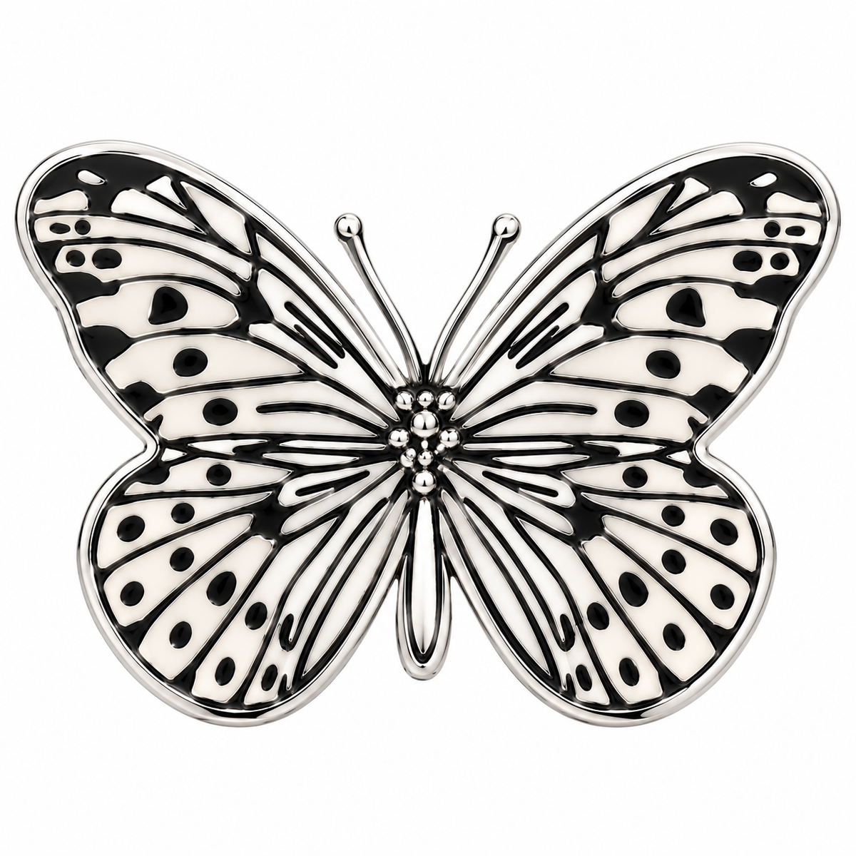 Albetro The Monarch Noir silver and black butterfly brooch detailed view