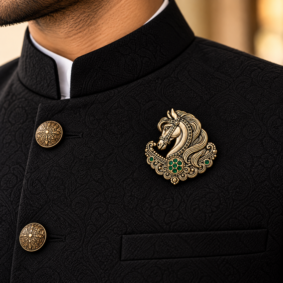 Albetro The Marwari antique gold horse brooch on black bandhgala jacket