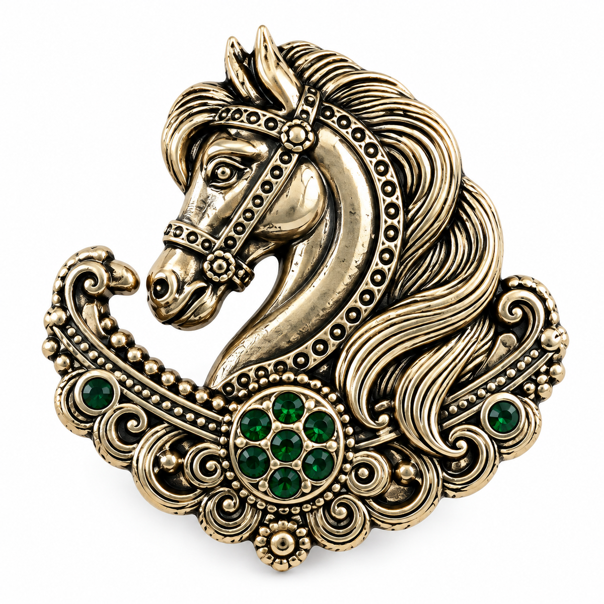 Albetro The Marwari antique gold horse head brooch detailed view