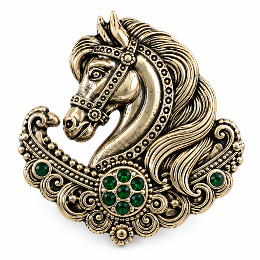 Albetro The Marwari antique gold horse head brooch detailed view