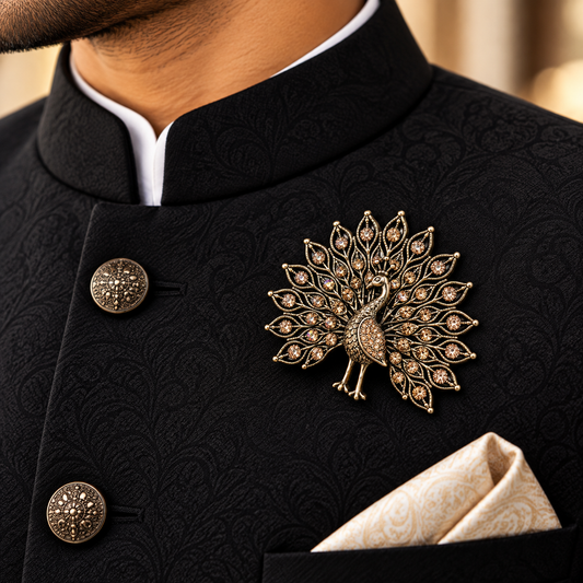 Albetro The Mayura antique gold peacock brooch on black bandhgala jacket