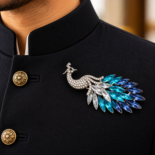 Albetro The Sapphire Mayura blue crystal peacock brooch on navy bandhgala
