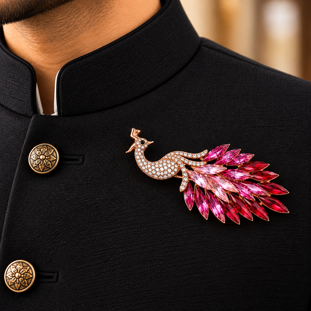 Albetro The Rose Mayura pink crystal peacock brooch on black bandhgala