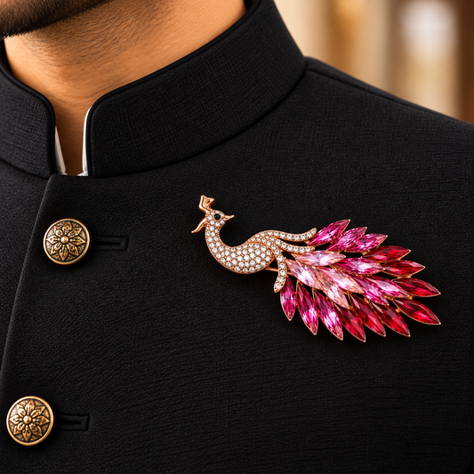 Albetro The Rose Mayura pink crystal peacock brooch on black bandhgala