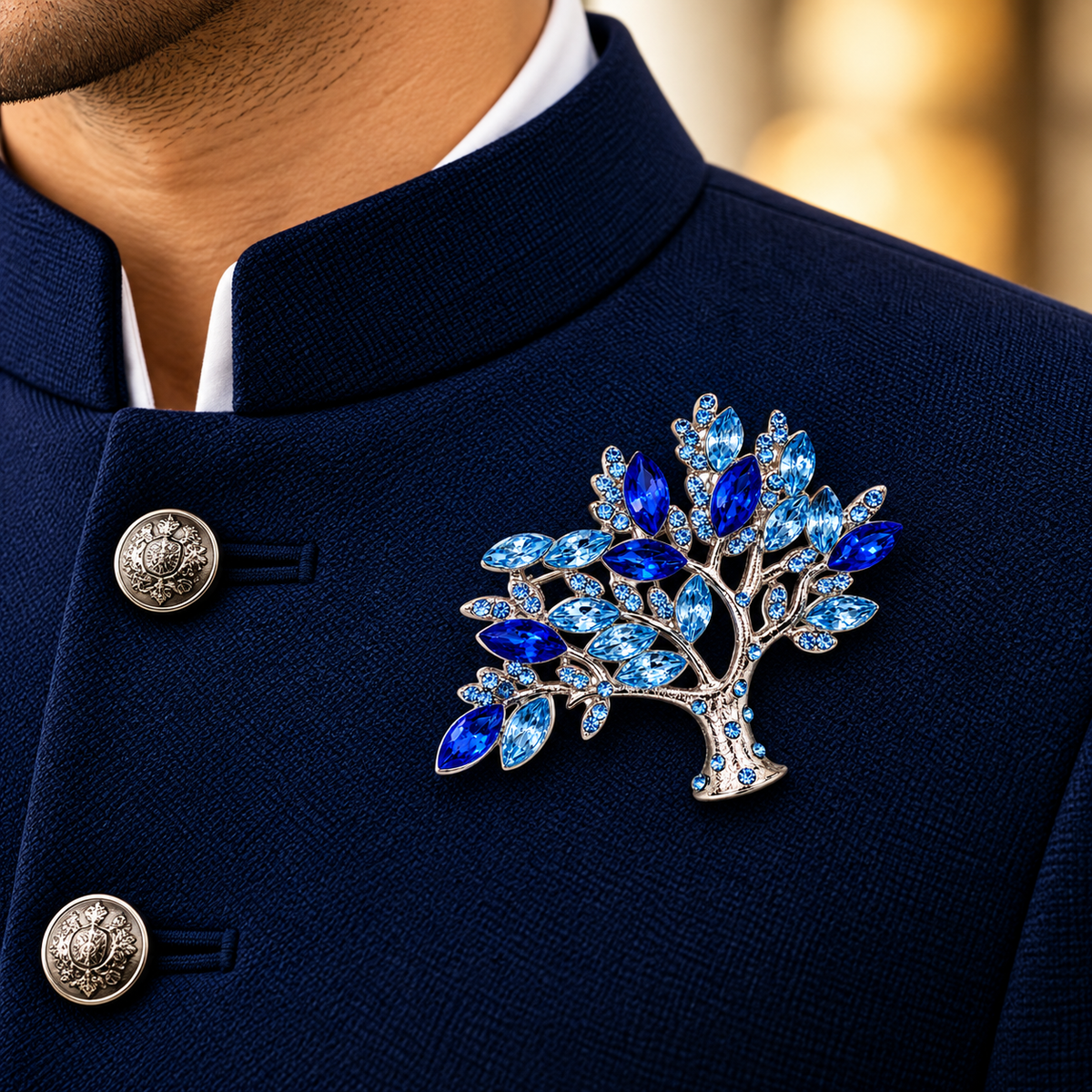 Albetro The Sapphire Banyan crystal tree of life brooch on navy bandhgala