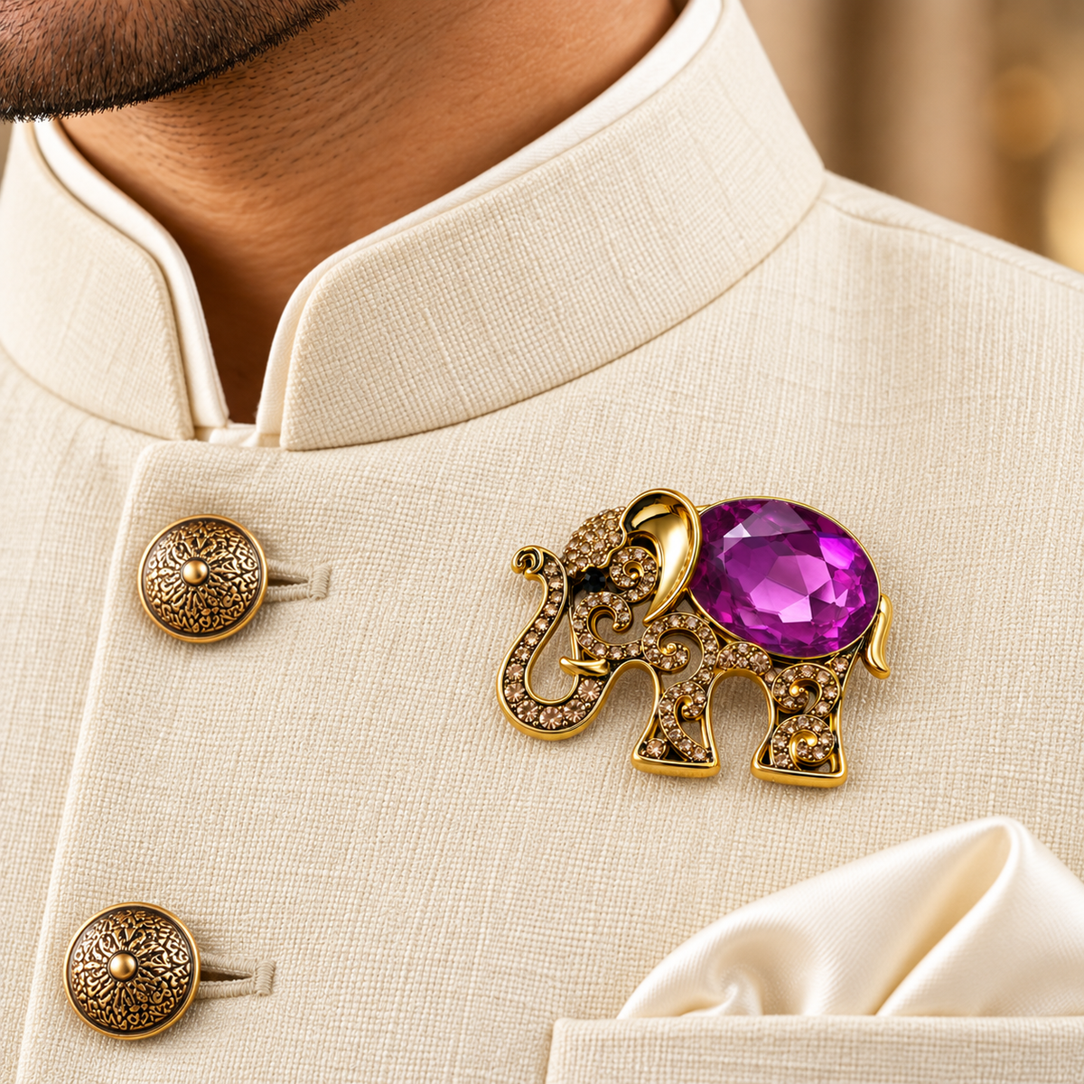 Albetro The Amethyst Airavata gold elephant brooch on ivory bandhgala