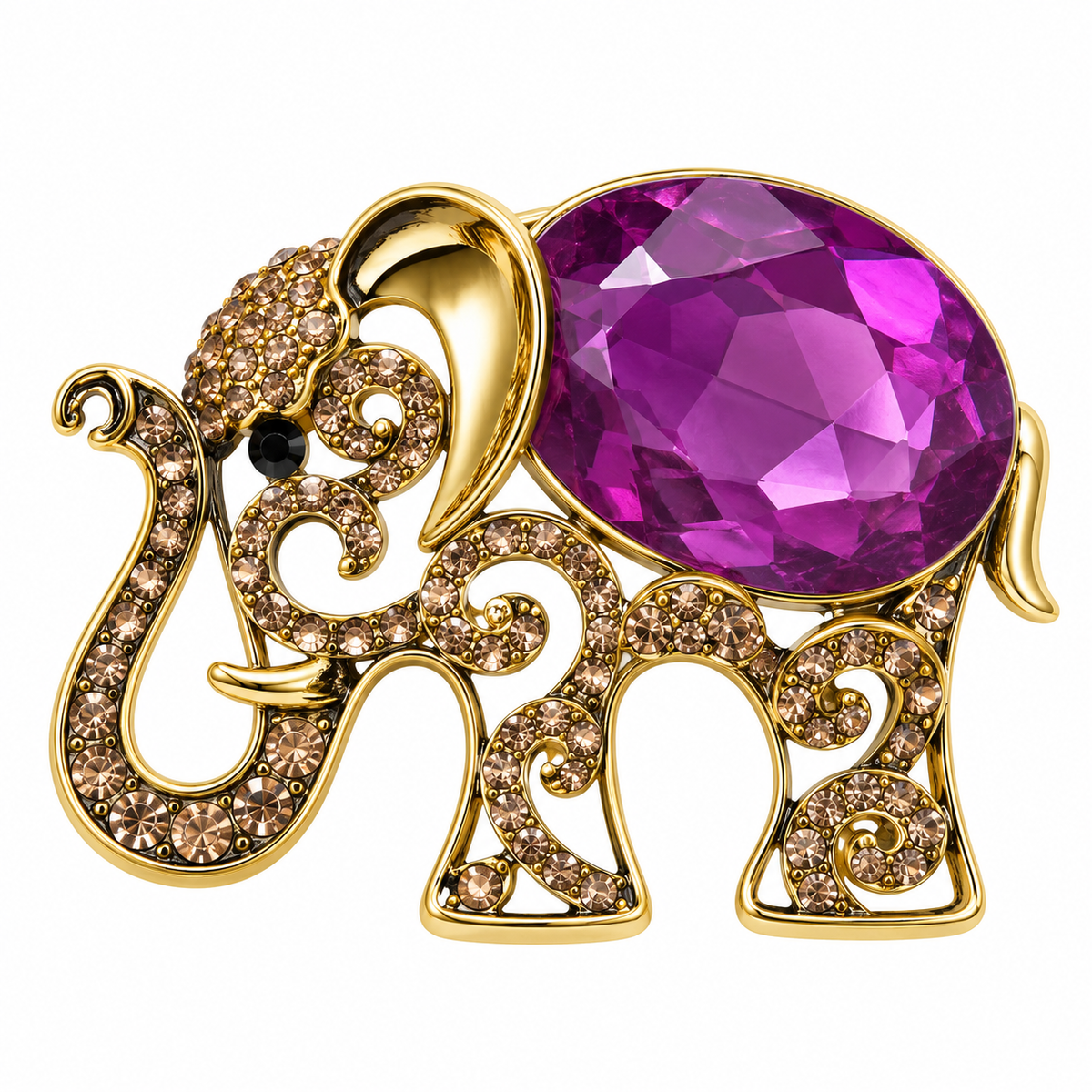 Albetro The Amethyst Airavata purple crystal gold elephant brooch detailed view
