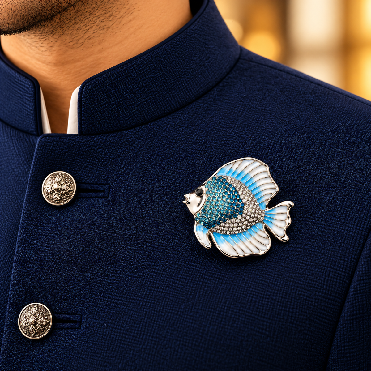 Albetro The Azure Angelfish silver crystal fish brooch on navy bandhgala