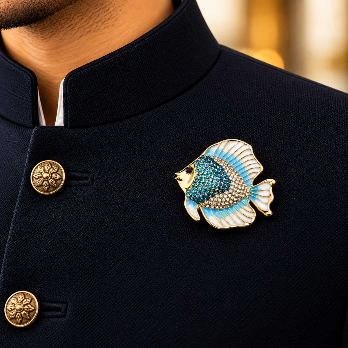 Albetro The Golden Angelfish gold crystal fish brooch on navy bandhgala