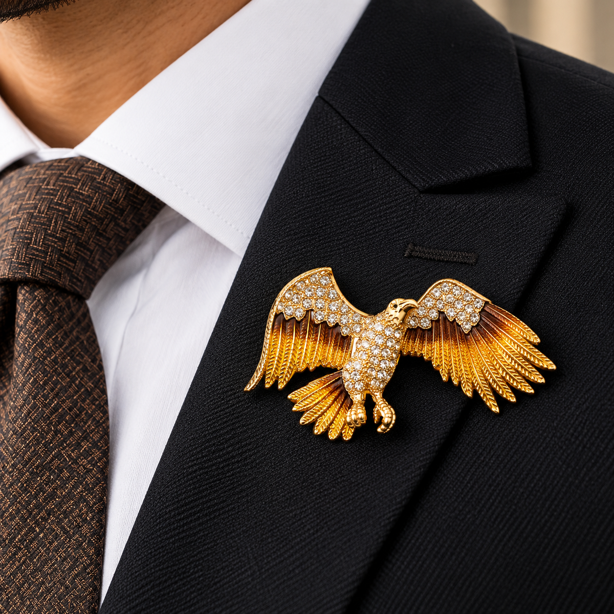 Albetro The Imperial Eagle gold crystal eagle brooch on black suit lapel