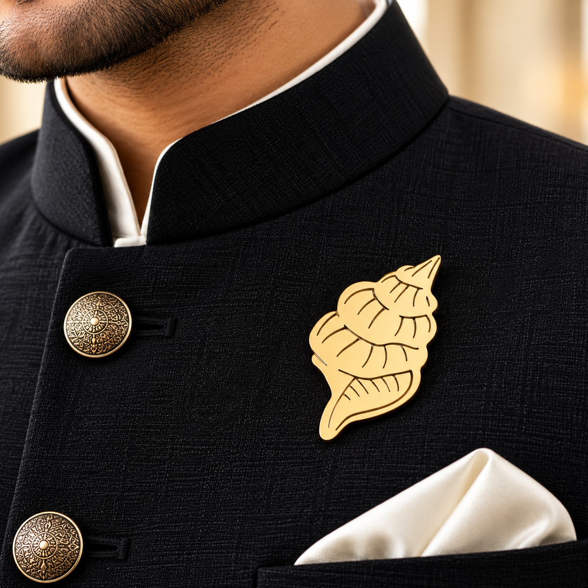 Albetro The Shankh gold conch brooch on black bandhgala jacket