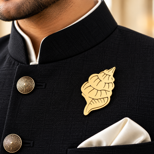 Albetro The Shankh gold conch brooch on black bandhgala jacket