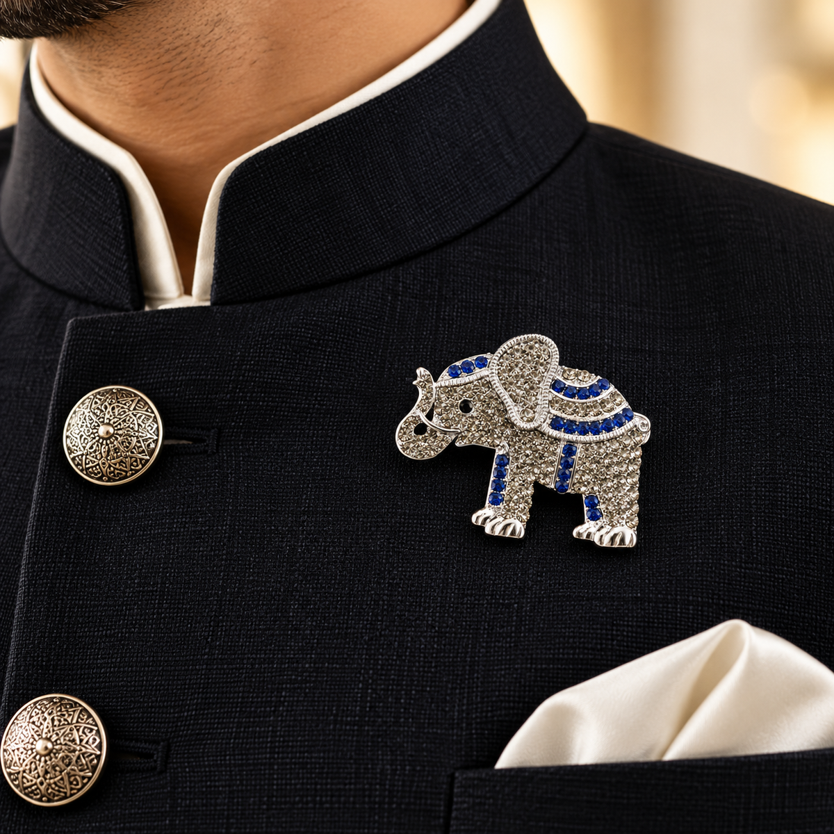 Albetro The Sapphire Tusker crystal elephant brooch on navy bandhgala