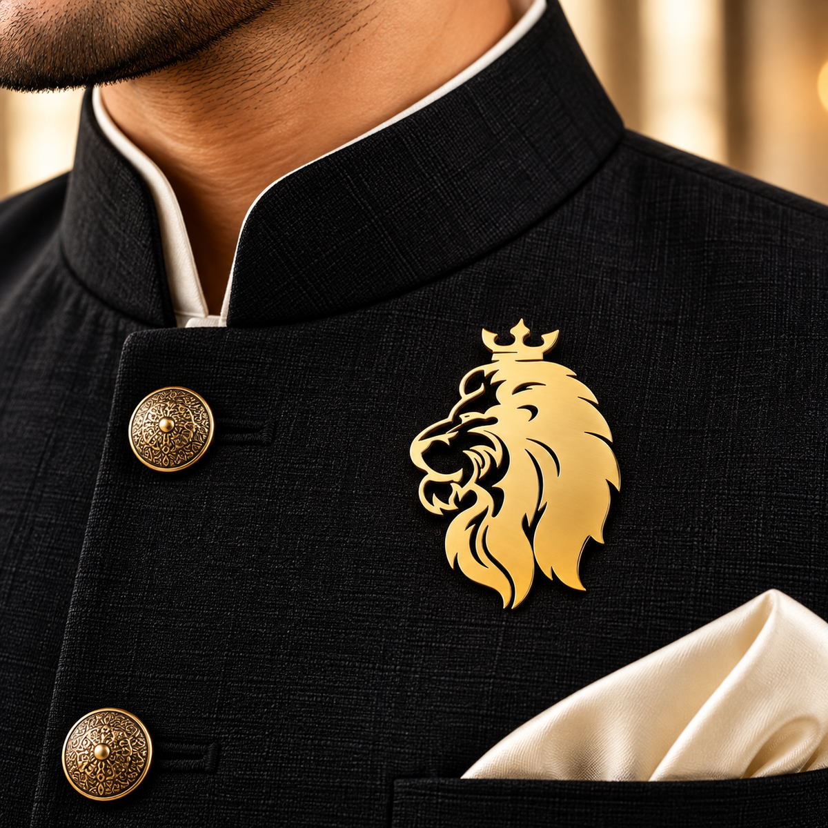 Albetro The Singh Royale crowned gold lion brooch on black bandhgala jacket