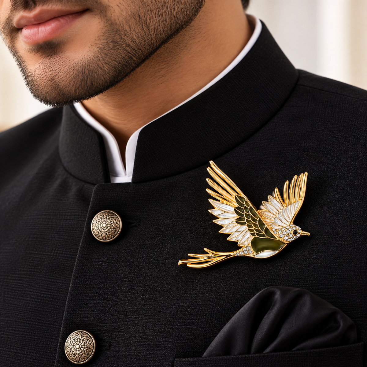 Albetro The Golden Swallow enamel bird brooch on black bandhgala jacket