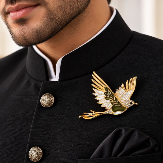 Albetro The Golden Swallow enamel bird brooch on black bandhgala jacket