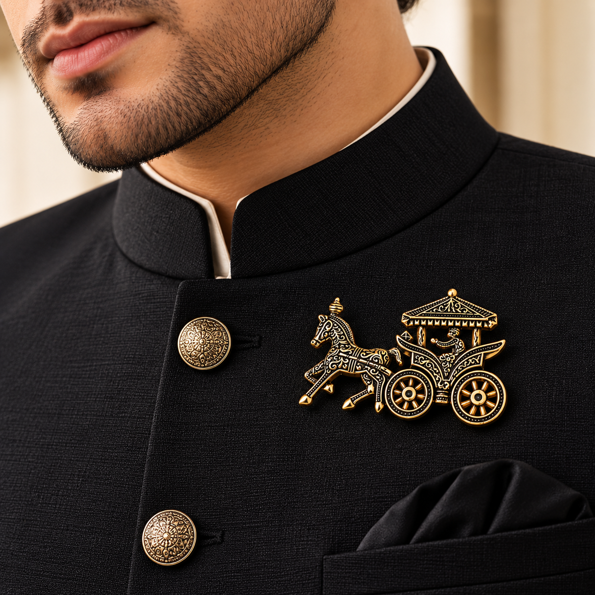 Albetro The Royal Baggi antique gold chariot brooch on black bandhgala