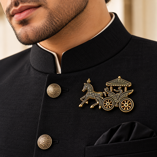 Albetro The Royal Baggi antique gold chariot brooch on black bandhgala