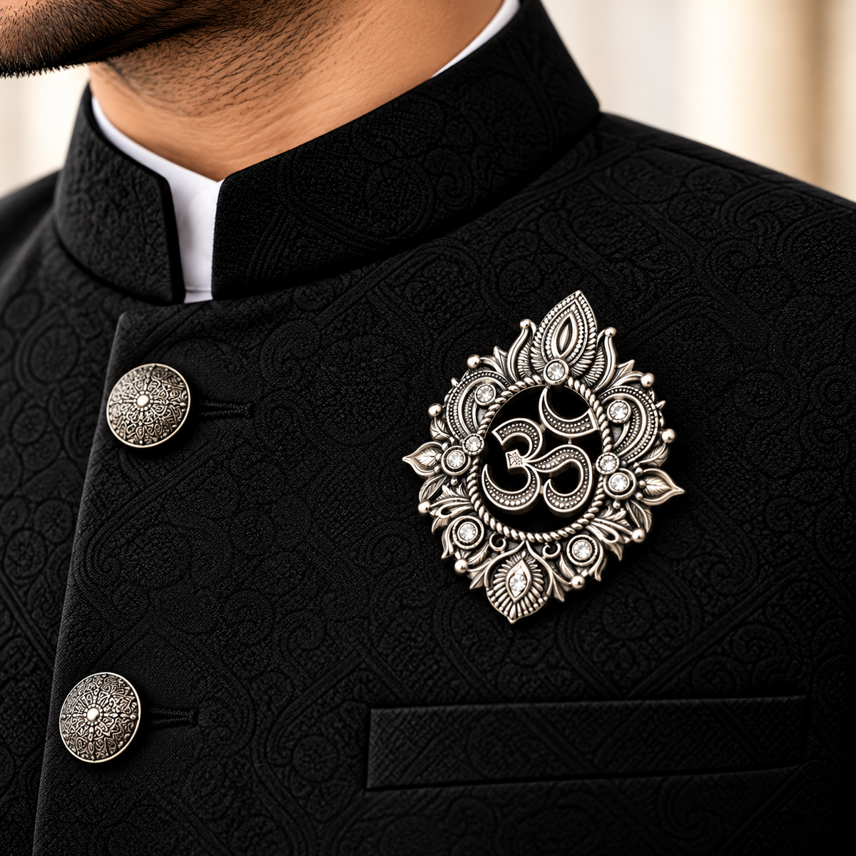 Albetro The Omkara oxidised silver Om brooch on black bandhgala jacket