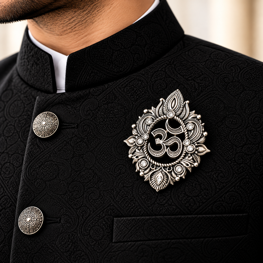 Albetro The Omkara oxidised silver Om brooch on black bandhgala jacket
