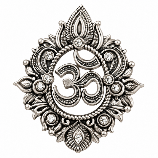 Albetro The Omkara oxidised silver Om mandala brooch detailed view