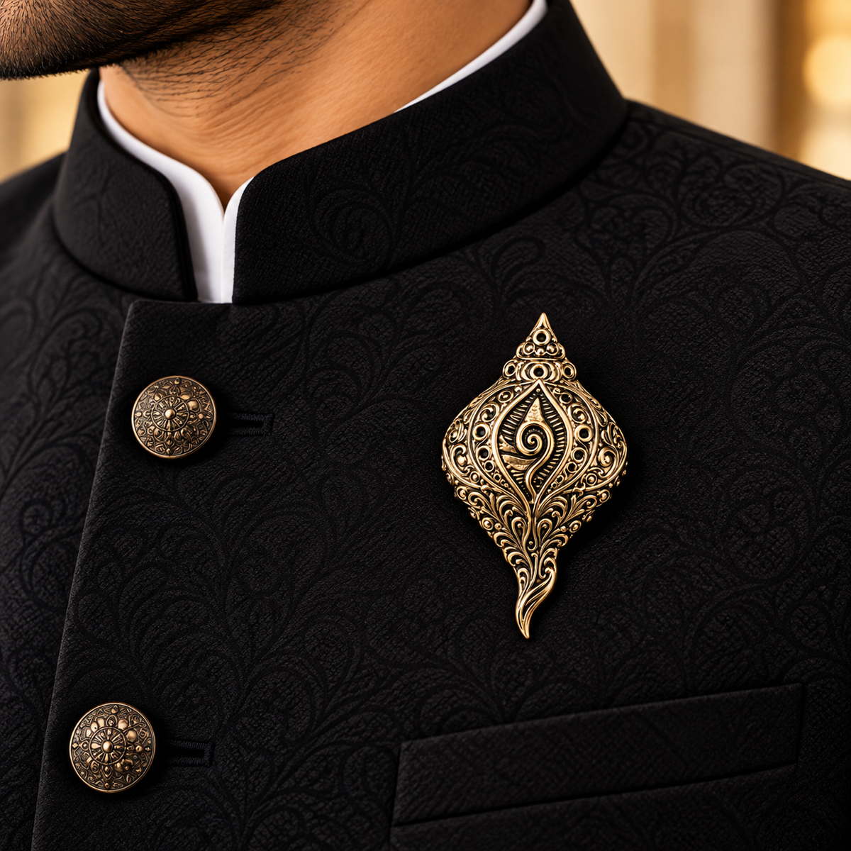 Albetro The Panchajanya carved gold conch brooch on black bandhgala