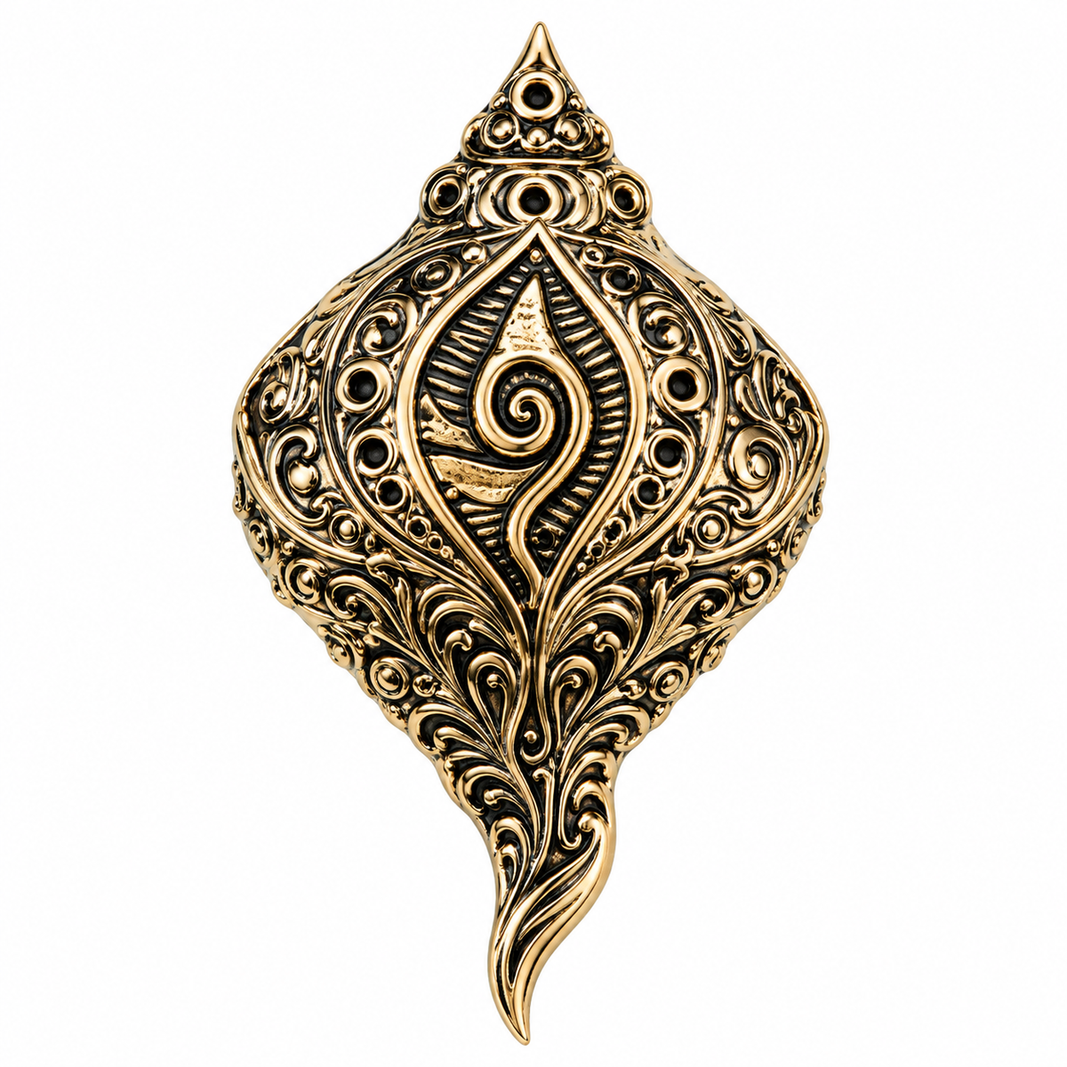 Albetro The Panchajanya carved antique gold shankh brooch detailed view