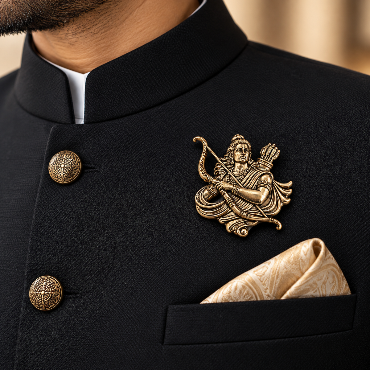 Albetro The Shri Ram antique gold bow brooch on black bandhgala jacket