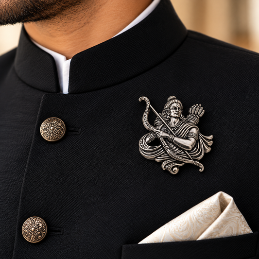 Albetro The Shri Ram oxidised silver bow brooch on black bandhgala jacket