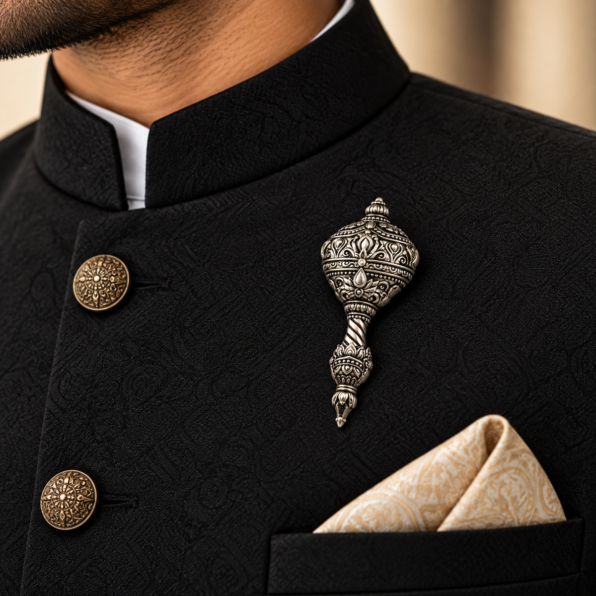 Albetro The Bajrang Gada oxidised silver mace brooch on black bandhgala